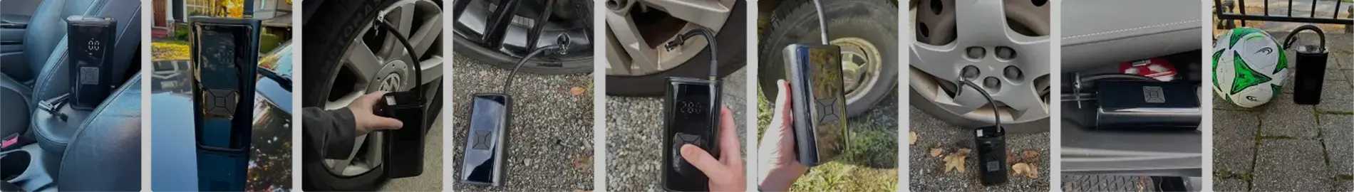 Portable tire inflator being used on a car tire roadside